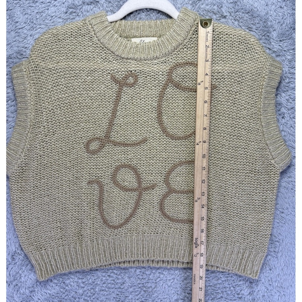 Elan Womens Small Love Short Sleeve Sweater‎ Beige Embroidered Cropped Boxy - Picture 5 of 9